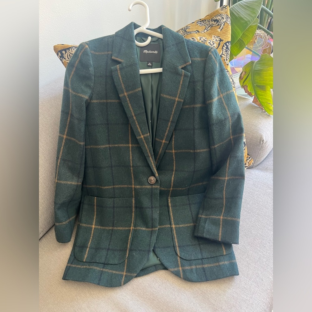 Madewell Dark Green Plaid Single-Button Blazer